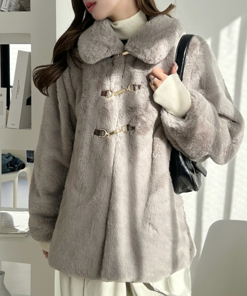 Ada. ブルゾン アウター ラビット風 エコファー ビット付 ミドルコート