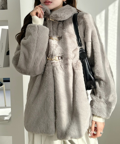 Ada. ブルゾン アウター ラビット風 エコファー ビット付 ミドルコート