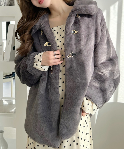 Ada. ブルゾン アウター ラビット風 エコファー ビット付 ミドルコート