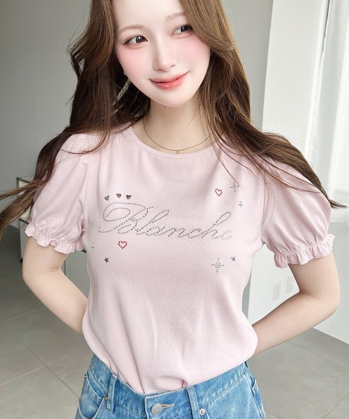 moment+ tシャツ ラインストーンロゴ半袖パフスリーブTee レディース