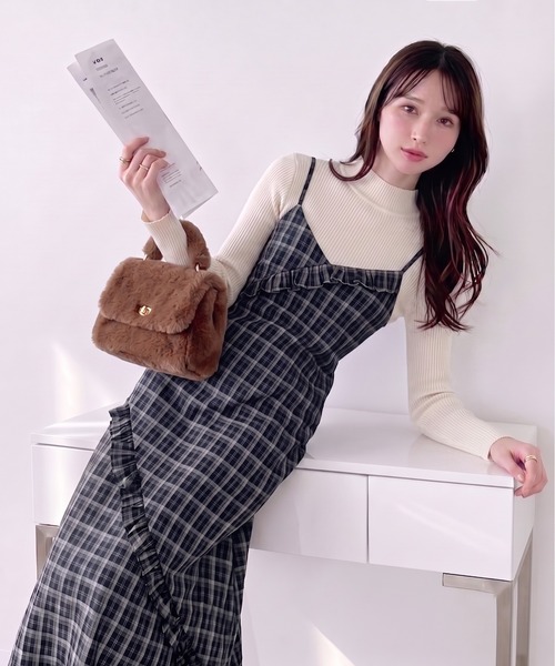Ameri チェック柄キャミソールロングワンピース Ada. ワンピース オールシーズン対応/チェック柄 アシメフリル ロング
