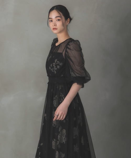 リーフ柄 シアー袖 ロングパーティードレス Rose of Sharon ドレス シアーレイヤード花柄パフ袖ドレス : ZOZOTOWN