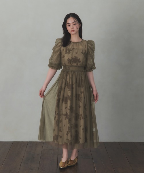 リーフ柄 シアー袖 ロングパーティードレス Rose of Sharon ドレス シアーレイヤード花柄パフ袖ドレス : ZOZOTOWN