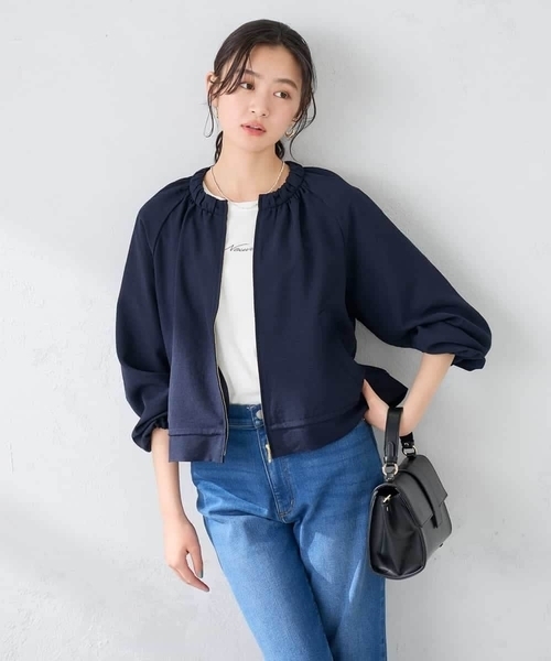 ジャケット ノーカラージャケット 「接触冷感/UVカット」リネンライクノーカラージップブルゾン「セットアップ対応/アンチピリング」 レディースの画像