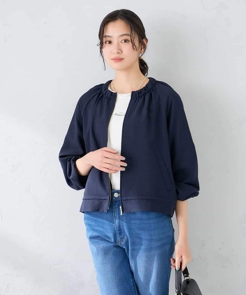 ジャケット ノーカラージャケット 「接触冷感/UVカット」リネンライクノーカラージップブルゾン「セットアップ対応/アンチピリング」 レディースの画像