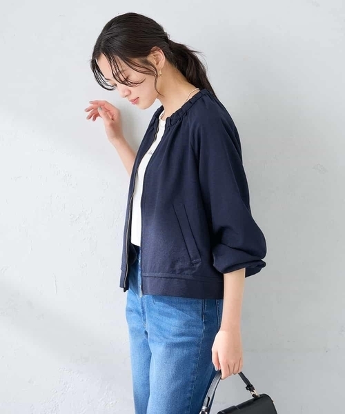 ジャケット ノーカラージャケット 「接触冷感/UVカット」リネンライクノーカラージップブルゾン「セットアップ対応/アンチピリング」 レディースの画像