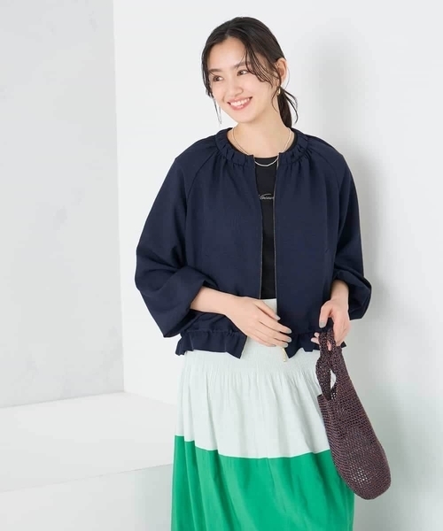 ジャケット ノーカラージャケット 「接触冷感/UVカット」リネンライクノーカラージップブルゾン「セットアップ対応/アンチピリング」 レディースの画像