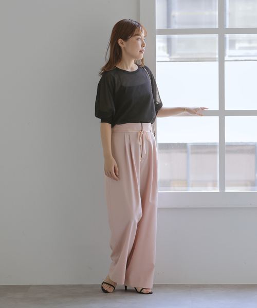 ワイドパンツ スラックス パンツ 「洗える」リボンワイドパンツ レディースの画像