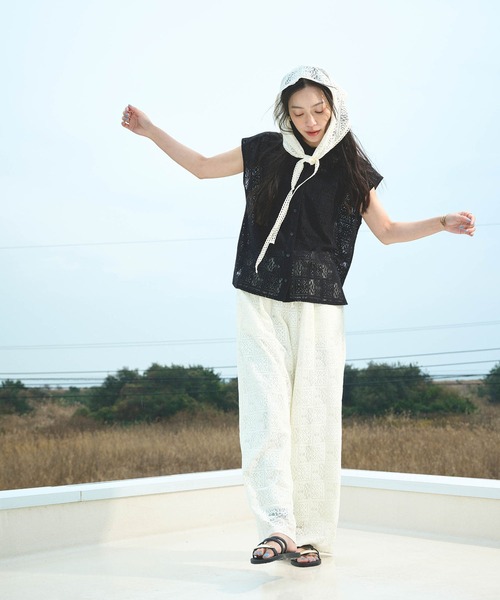 ワイドパンツ パンツ サマ美え レースイージーパンツ「CROSS FUNCTION/クロスファンクション」 レディースの画像