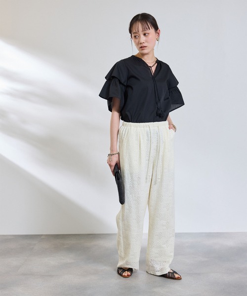 ワイドパンツ パンツ サマ美え レースイージーパンツ「CROSS FUNCTION/クロスファンクション」 レディースの画像