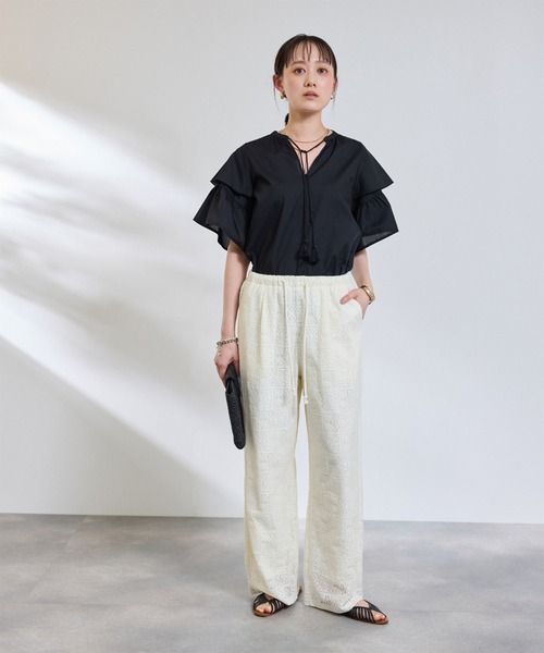 ワイドパンツ パンツ サマ美え レースイージーパンツ「CROSS FUNCTION/クロスファンクション」 レディースの画像