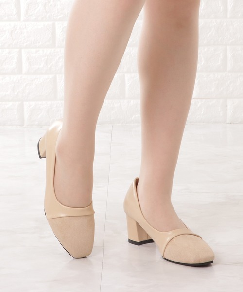 【LADIES】 ガラソールチャンキーパンプス Lace Ladies パンプス バイカラーレザーラウンドチャンキー