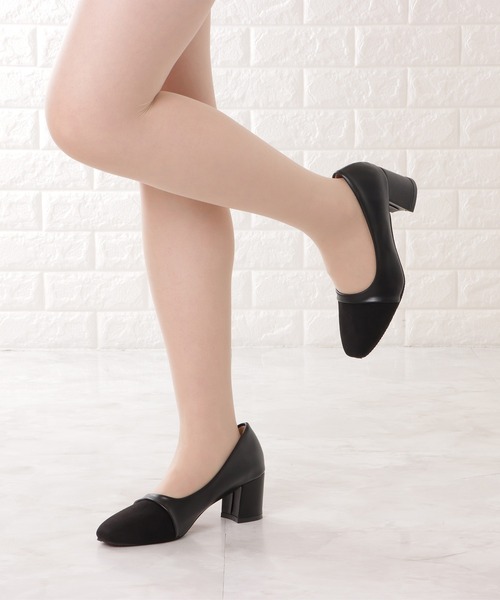 半額 50％OFFの通販 Lace Ladies バイカラーレザーラウンドチャンキー パンプス 靴