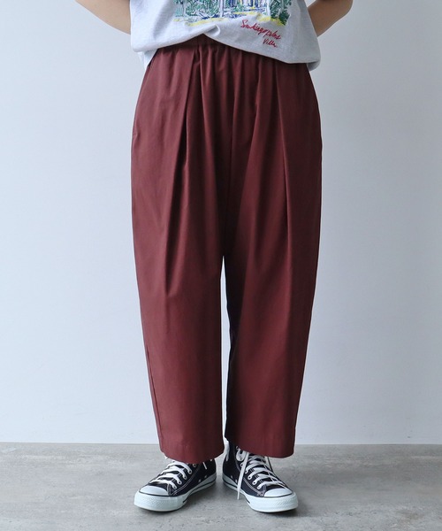 ワイドパンツ パンツ 80/2強撚コットン　ギャバゴムタックパンツ レディースの画像