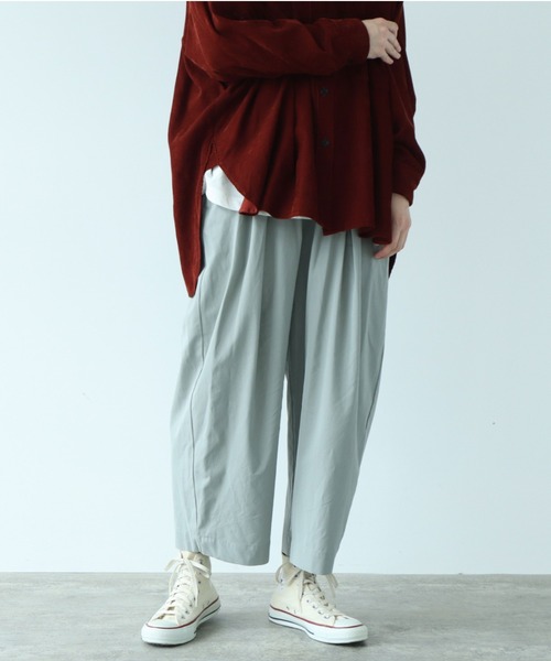 ワイドパンツ パンツ 80/2強撚コットン　ギャバゴムタックパンツ レディースの画像