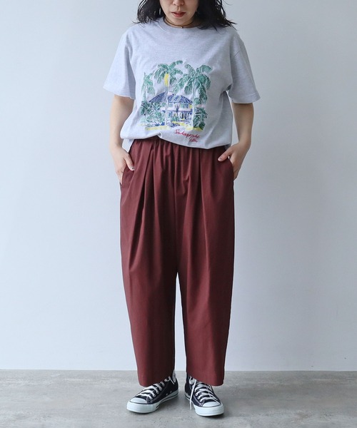 △80/2強撚コットン　ギャバゴムタックパンツ　グレー yuni（ユニ ）の「△80/2強撚コットン ギャバゴムタックパンツ