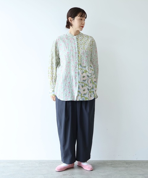 ワイドパンツ パンツ 80/2強撚コットン　ギャバゴムタックパンツ レディースの画像