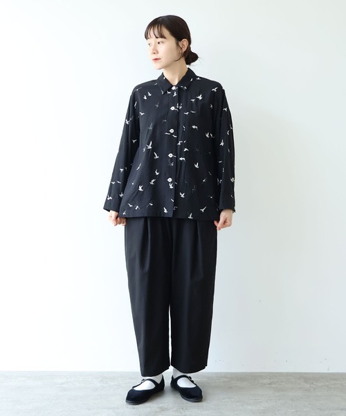 ワイドパンツ パンツ 80/2強撚コットン　ギャバゴムタックパンツ レディースの画像