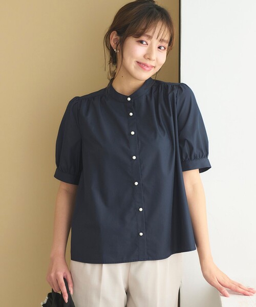Feroux ブラウス シャツ 「洗える」バンドカラーパールボタン
