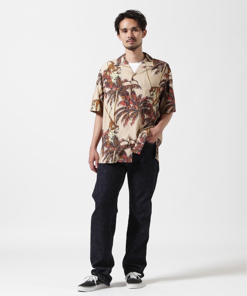 パームツリー 全刺繍 アロハ 半袖シャツ レーヨン×ポリエステル 黒 XL相当 AVIREX シャツ ALOHA SHIRT ”TIGER ＆ PALM TREE” / アロハ