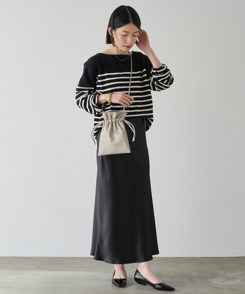 ⭐れいな⭐ポケット巾着バッグ　Lulu small　ベージュ×ブラック 本革 ミニショルダーバッグ 巾着（ショルダーバッグ）｜relac