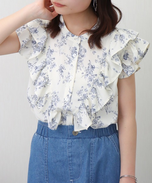 libelle more（リベル モア） ブラウス シャツ 花柄プリント合繊フリル