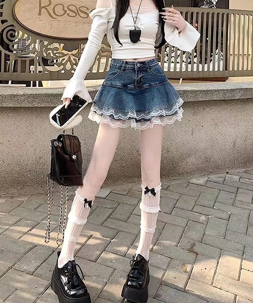 gossip!ロサンゼルス デニムスカート レースデニムティアードミニ