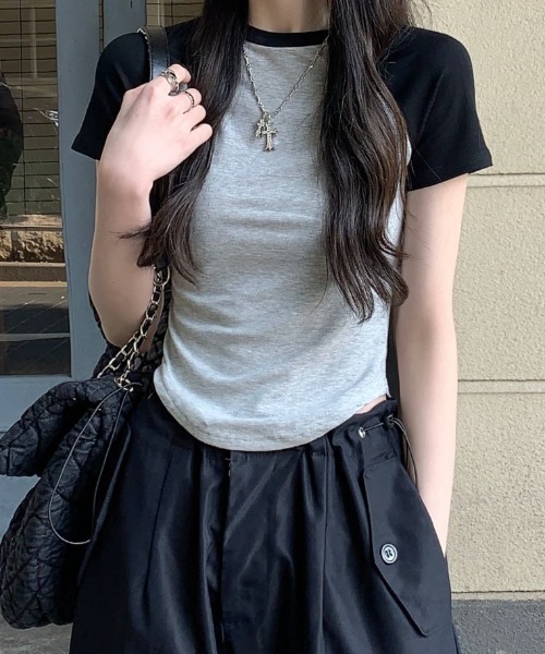 tシャツ 配色ラグランスリーブ ラウンドショートTシャツ