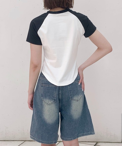 tシャツ 配色ラグランスリーブ ラウンドショートTシャツ