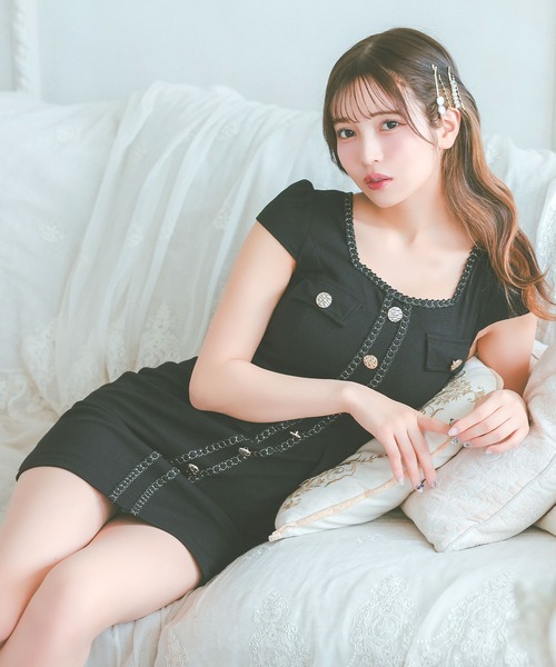Tika ドレス キャバドレス 半袖 パイピング ゴールドボタン