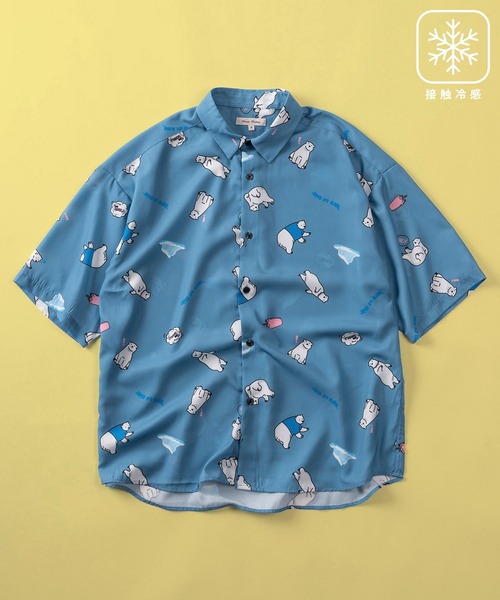 シャネル CHANEL 総柄クロップドシャツ P07536 ブルー シルク レディース 半袖シャツ シャツ 「70」シルクタッチ 接触冷感 総柄プリント 半袖シャツ/ユニ