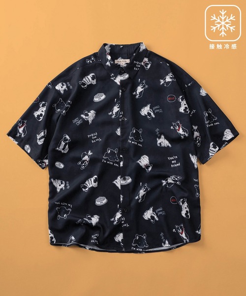 【人気】pleats please 半袖シャツ　総柄　ブラック　ホワイト　3 セール】冷感とろみ シルクタッチ 総柄プリント半袖シャツ アニマル柄