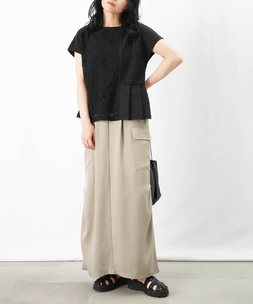 tシャツ LC/LLL レースドッキングプリーツトップス レディース MERLOT tシャツ Tシャツ スクエアラインBIGセーラーカラー