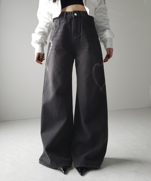 「me+em select」 加工デニムパンツ LARGE ブラック レディース