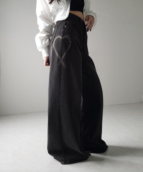 「me+em select」 加工デニムパンツ LARGE ブラック レディース