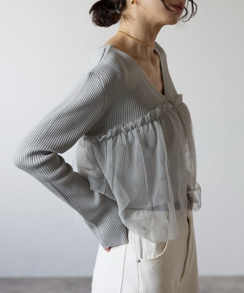 each alchemist カーディガン フリルチュール付きVネックワイドリブ