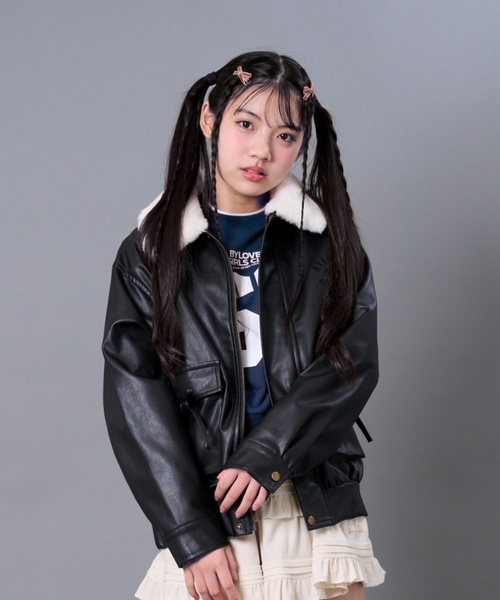 Japanese labelレザーコート　ラビットファー　14th if LGB by LOVEiT 革ジャン ライダース 衿ファー合成皮革ジャケット キッズ