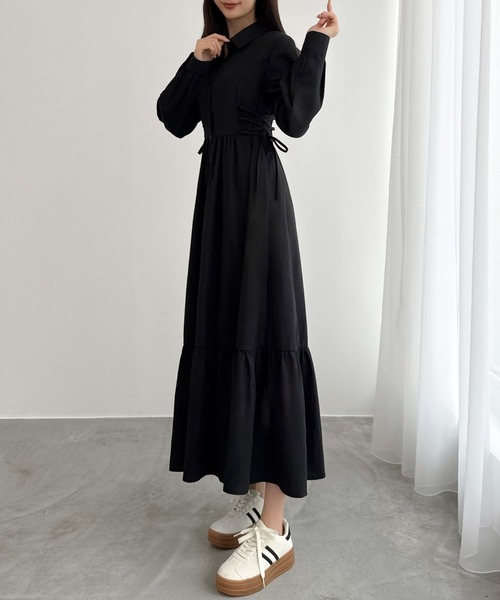 ★THE SHINZONE★ レースアップ シャツワンピース ブラック サイドレースアップシャツワンピース[品番：CTYW0004643]｜MAJESTIC