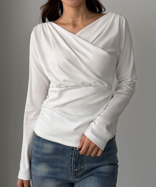 Louere（ルエレ） tシャツ 薄手カシュクールドレープカットソー