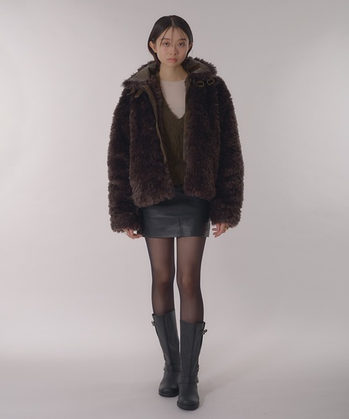 Perushu ブルゾン アウター Stand collar 2 way fake fur coat