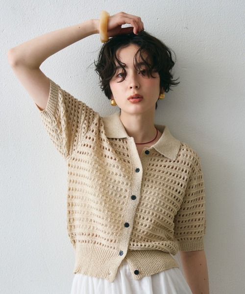 Trish（トリッシュ） カーディガン 透かし編み衿付きニット