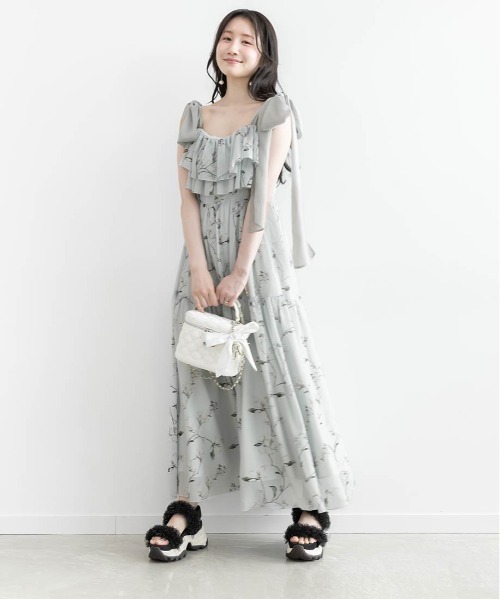 RANDA　シアーリボンショルダーティアードロングワンピース　花柄 RANDA（ランダ） ワンピース シアーリボンショルダーティアード