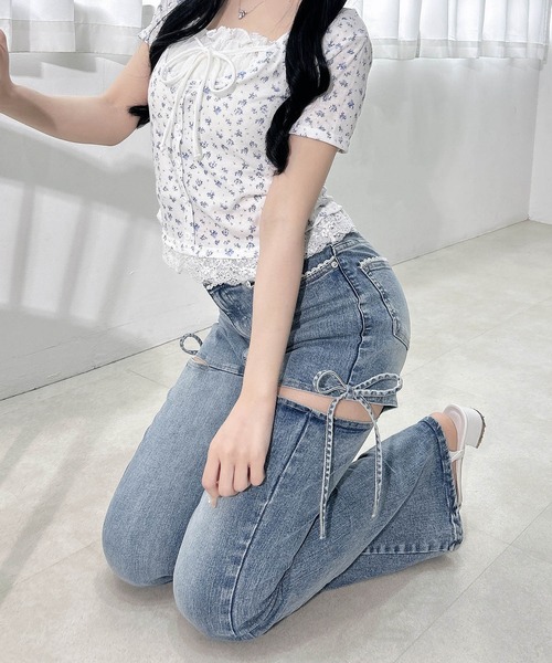サイドリボンフレアデニム INGNI（イング） ジーンズ デニム デニムパンツ サイドリボンフレア
