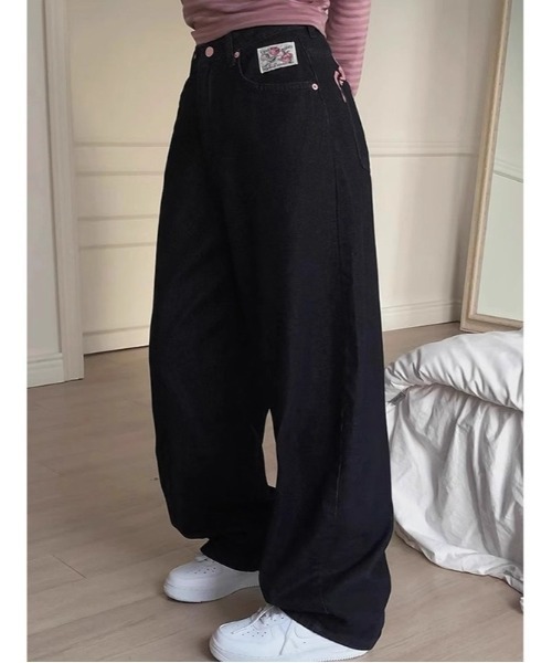 ワイドパンツ ジーンズ デニム デニムパンツ バック英字デザインルーズ