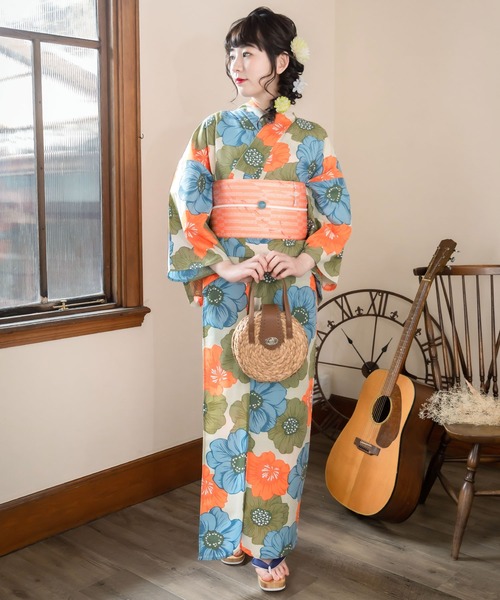 抹茶色にとんぼの柄の浴衣　夏着物と半幅帯真田紐　高級ポリエステル素材 抹茶色にとんぼの柄の浴衣 夏着物と半幅帯真田紐 高級