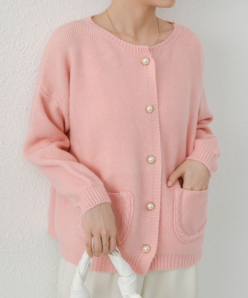 ピンク ボタン付きカーディガン ROPÉ PICNIC(ロペピクニック) / ミラノリブ金ボタンニットカーディガン