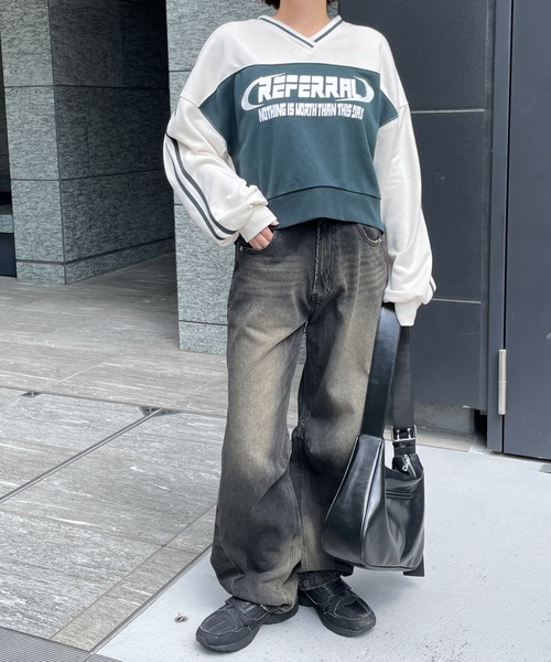 トレーナー スウェット ラグラン切替ロゴショート丈スウェット レディース FREAK'S STORE トレーナー スウェット リメイク ロゴショート