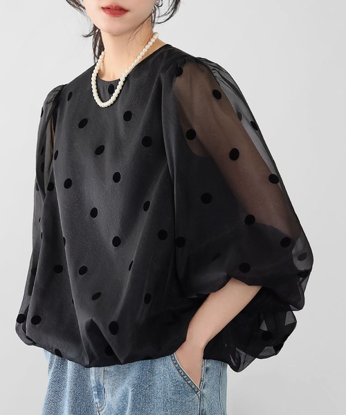 ELFRANK ブラウス シャツ ドットシアーバルーンブラウス レディース
