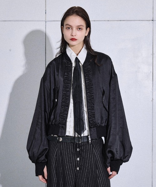 ブルゾン アウター Satin frill short bomber jacket / サテン