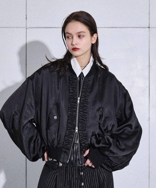 ブルゾン アウター Satin frill short bomber jacket / サテン
